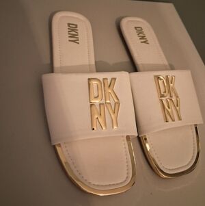 DKNY White And Gold Slides